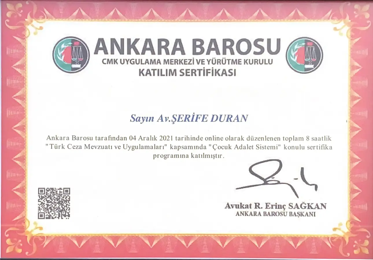 Av. Şerife Duran Çocuk Adalet Sistemi Eğitimi Katılım Sertifikası