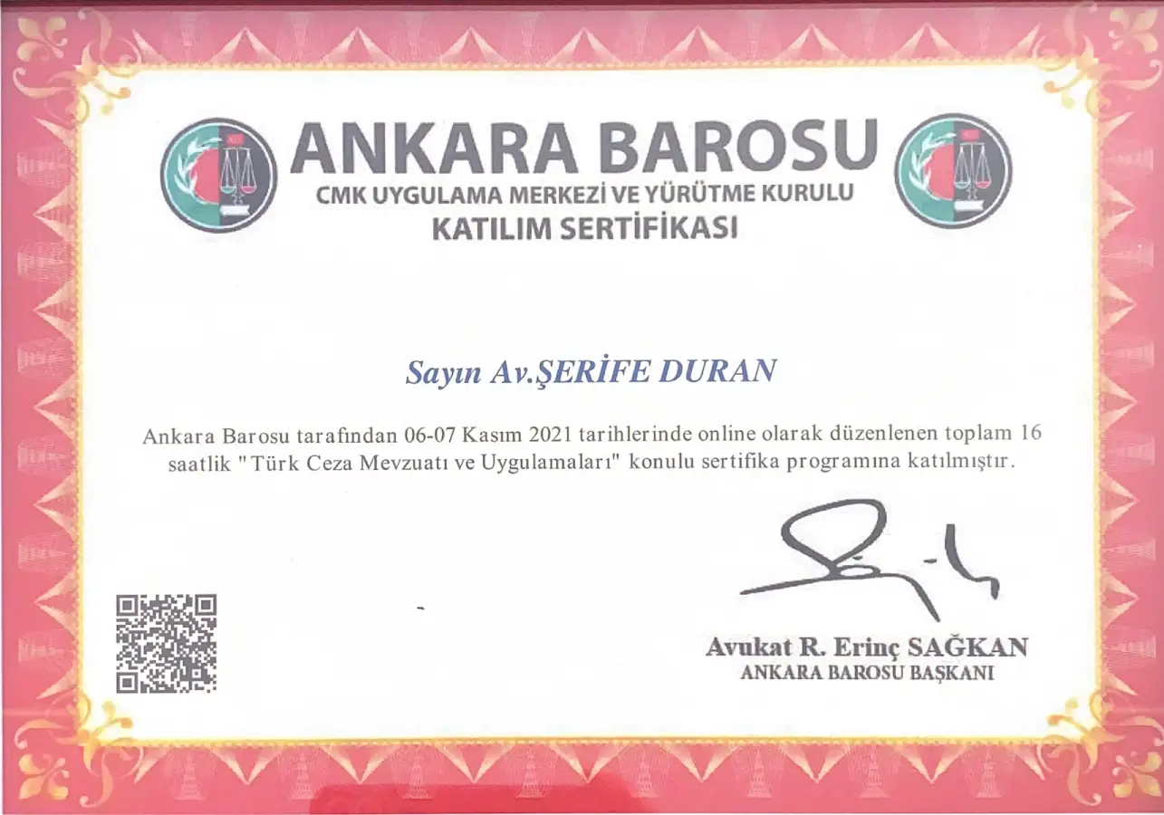 Av. Şerife Duran Türk Ceza Mevzuatı ve Uygulamaları Katılım Sertifikası